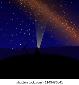 A boy sits on the grass with a flashlight and looks at the starry sky.