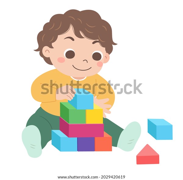 Boy Sits On Ground Pushes Blocks Stock Vector (Royalty Free) 2029420619 ...