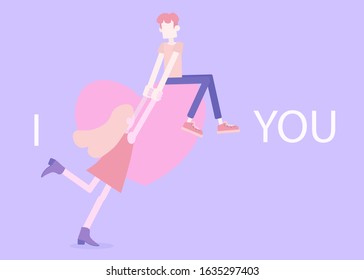 A boy sits on a heart and pulls a girl. I love you flat vector postcard