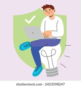 A boy sits on a light bulb and uses a laptop with his legs up, with a shield symbol behind him