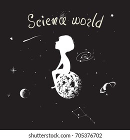 Boy sits on the Moon.Scince world.Abstract childish vector illustration