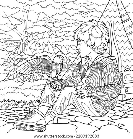 A boy sits on a mountain and holds an eagle. Coloring book antistress for children and adults. Illustration isolated on white background. Hand draw [[stock_photo]] © 