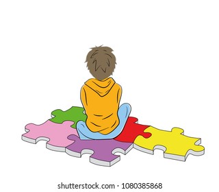 the boy sits on the puzzles symbol of autism. vector illustration.
