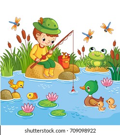 The boy sits on a rock and catches fish in a pond. Vector illustration of a cartoon childlike style with a lake and ducks.