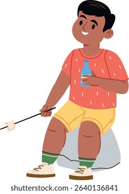 A boy sits on a rock holding a marshmallow on a stick and a drink in a playful cartoon style. Young camper enjoys roasting treats outdoors with a cheerful expression. Cartoon vector illustration.
