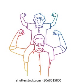Boy sits on shoulders, dad and son show a gesture of strength. Rainbow color. Sketch vector illustration.