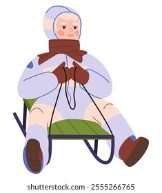 Boy sits on a sled in overalls in winter. Child outdoors in winter, isolated. Flat vector illustration, eps10