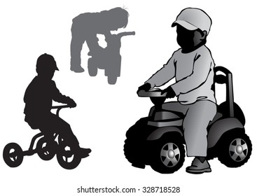 The boy sits on a toy car. Walk on a toy car, and a bike .  Silhouette on a white background.