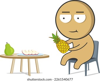 A boy sits with a pineapple in his hands in front of a table with fruits
