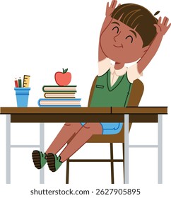 Um menino se senta em uma carteira com livros e uma maçã.  Um aluno em sua carteira relaxa depois de uma sessão de estudo. Ilustração de vetor de desenhos animados
