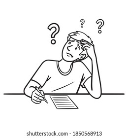 boy sits in a school exam. question mark, homeschooling, comic, monochrome, outline.