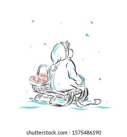 Boy sits in sleigh with basket with apples under snowfall. 