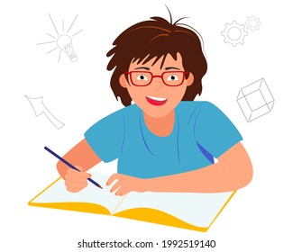 The boy sits at the table and does his homework. The schoolboy writes in a notebook. Cartoon vector illustration isolated.