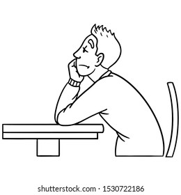 boy sits at the table and looks very bored. schoolchild, side view, outline, vector, illustration.