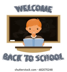The boy sits at the table . Welcome to the school. The return to school. Stock vector.