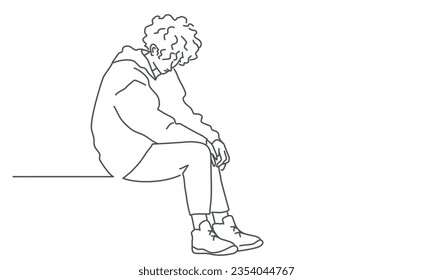 Boy sits there feeling lonely. Hand drawn vector illustration. Black and white.