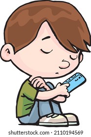 niño se sienta y piensa triste y reflexivamente y mira su celular