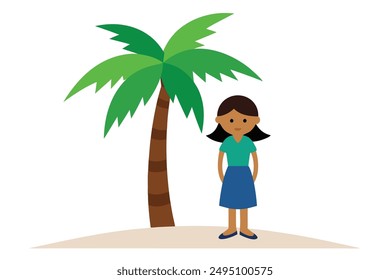 A boy sits under a swaying coconut tree, happily munching on the sweet, refreshing fruit while enjoying the tropical breeze.