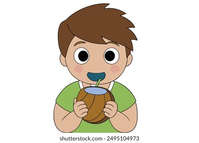 A boy sits under a swaying coconut tree, happily munching on the sweet, refreshing fruit while enjoying the tropical breeze.
