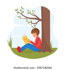 Boy sits under tree and reads book. Schoolboy, student, teenager is relaxing in nature with book. Summer landscape, sky, clouds. Summer holidays. Reading, leisure. Vector illustration