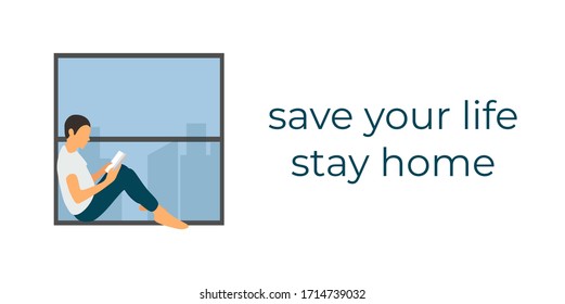 Boy sits in the window and reads a book. Self-quarantine concept. Covid-19 virus in air. Staying home with self quarantine. Protect from viruses. Stay at home during the coronavirus epidemic.