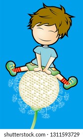 a boy sitting above a dandelion