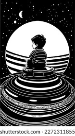 boy sitting alone against the background of the night sky, stars and moon. Art design for print, cover, wall art. Vector illustration.