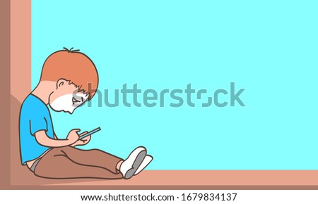 The boy is sitting alone at home with a smartphone. Vector cartoon illustration on a social theme.