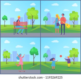 Boy Sitting Alone On Bench, Couple Walking With Guitar, Girl Skateboarding, Kids Playing Ball Vector Skyscrapers And Greenery. Spending Time On Fresh Air