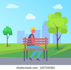Boy sitting alone on bench vector on background of skyscrapers and green leaves. Guy in casual clothes rest on wooden seat, spending time on fresh air