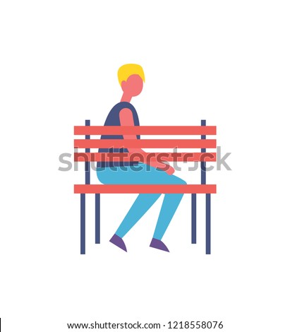 Boy sitting alone on bench in park isolated cartoon badge vector icon. Guy in casual clothes having rest on wooden bank, spending time on fresh air