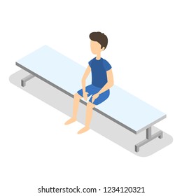 Boy sitting alone on the white bench. Male character in blue clothes. Vector isometric illustration isolated