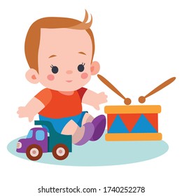 boy sitting among his toys a drum, typewriter, flat, isolated object on a white background, vector illustration, eps