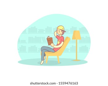 Boy Sitting in Armchair and Reading Book, Guy Relaxing at Home Vector Illustration