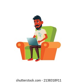 boy sitting in armchair and searching information in internet cartoon vector. boy sitting in armchair and searching information in internet character. isolated flat cartoon illustration