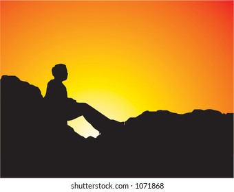 Boy sitting atop a rock at sunset. Vector silhouette.