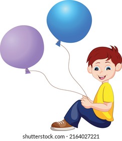 A boy is sitting with a balloon cartoon vector art and illustration
