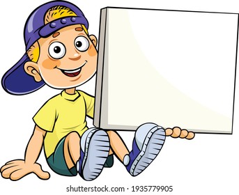 Boy sitting with a banner. A vector illustration of a cartoon sitting and holding a white banner board with copy space for input text.