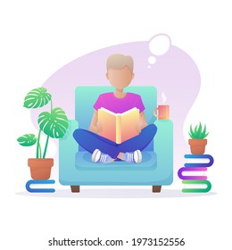 Boy sitting in blue armchair, reading a book. Interior with plants in pots and cup of coffee, tea. Vector illustration isolated on white background.