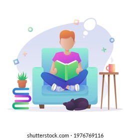 Boy sitting in blue armchair, reading a book. Interior with plants in pots and cup of coffee, tea and black cat. Vector illustration isolated on white background.