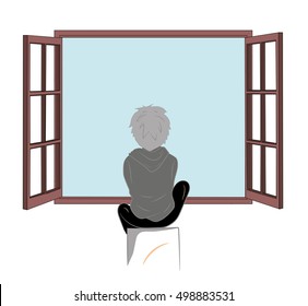boy sitting by the open window. vector illustration.