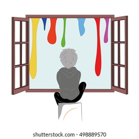 boy sitting by the open window that is painted in the paint. vector illustration.