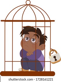 
Boy sitting in a cage