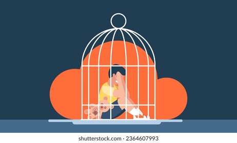 Boy sitting in a cage. A sad boy is locked up in a cage. A child is crying sitting on the floor. Limiting children's abilities in society. Vector illustration