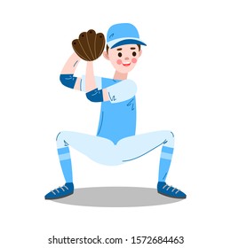 Boy sitting and catching ball during baseball game vector illustration