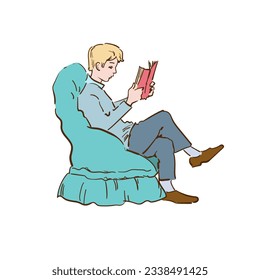 The boy sitting in a chair and reading a book. Illustration in vector. 