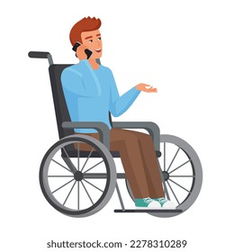 Boy sitting in chair and talking on phone. Man with walking disability vector cartoon illustration