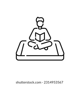Niño sentado con ropa cómoda leyendo un libro. Aplicación de biblioteca digital para smartphone. Trazo de píxeles perfecto, editable