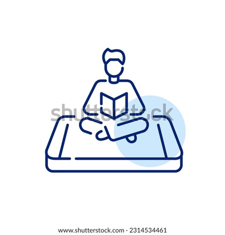Boy sitting in comfortable clothes reading a book. Digital library app for smartphone. Pixel perfect icon