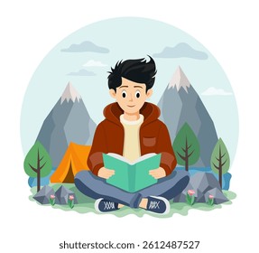 boy sitting cross-legged reading a book outdoors against a scenic backdrop of mountains and trees the boy appears focused and relaxed, enjoying his book in nature's tranquility vector illustration